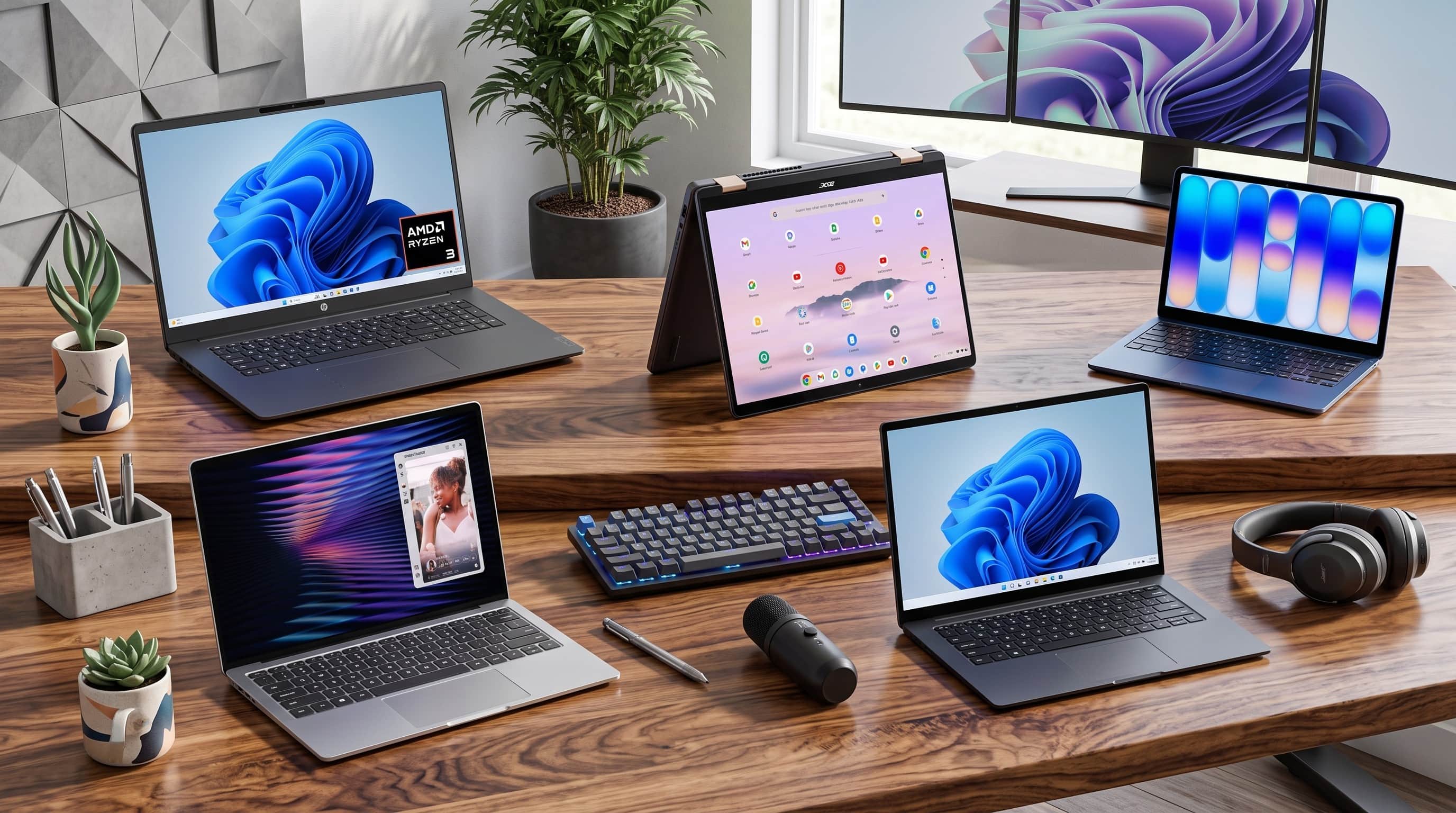 A collage of laptops on a marble surface, including a Dell XPS 13, MacBook Neo, Samsung Galaxy Book, Lenovo Chromebook, and HP laptop.