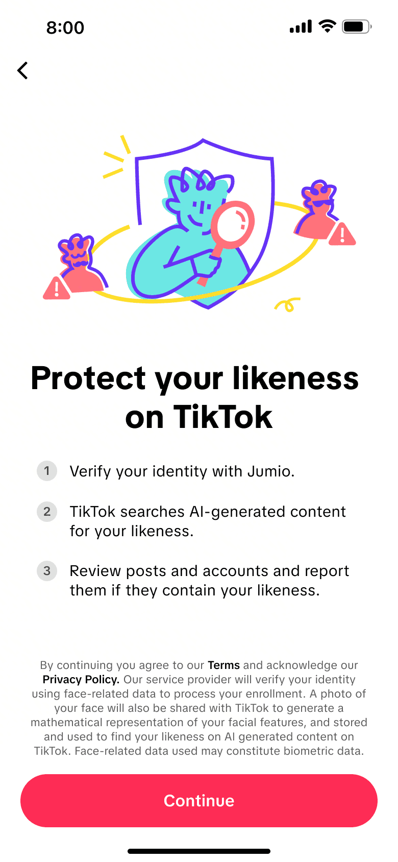 Una captura de pantalla con detalles sobre la herramienta de detección de semejanza por IA de TikTok.