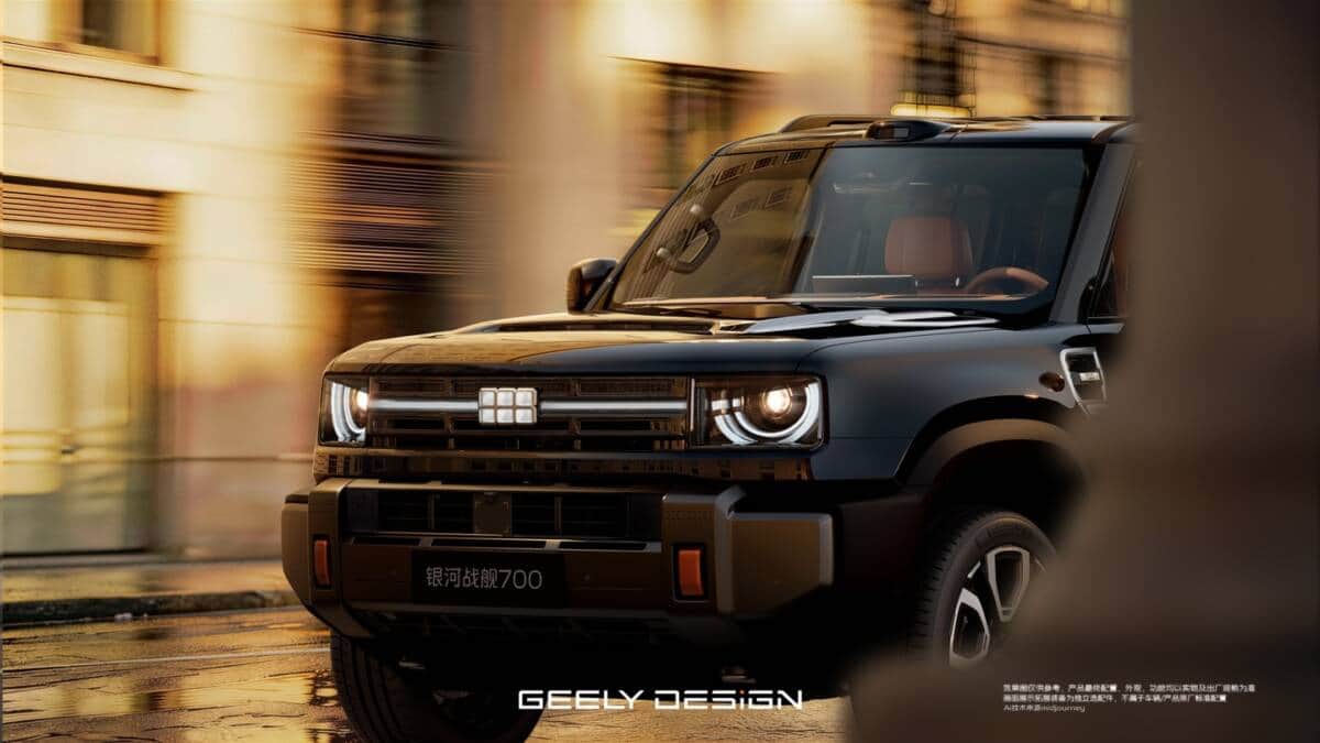 Black Geely Galaxy Battleship 700 on a street in the evening