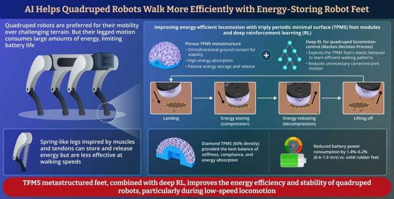 Porous 3D-printed TPMS footpads store and release impact energy during quadruped walking