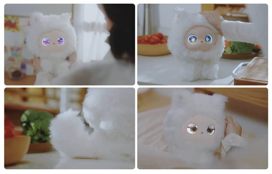 Mascota robótica peluda iMoochi con ojos OLED y pelaje blanco