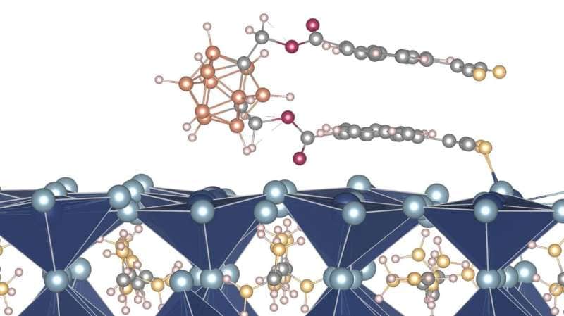 Illustration of mCB-FMN on a PbI2-terminated FAPbI3 perovskite surface. Credit: Lea Zimmermann / HZB