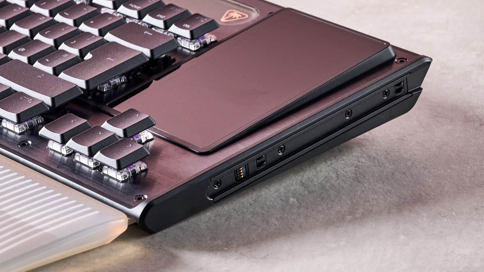 A closeup of the Turtle Beach Command Series KB7's built-in touchscreen.