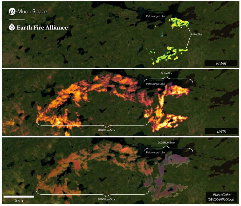 The Nipigon 6 fire in Ontario, Canada, on June 15, 2025, visualized over a Google Earth basemap using FireSat's infrared imagery.