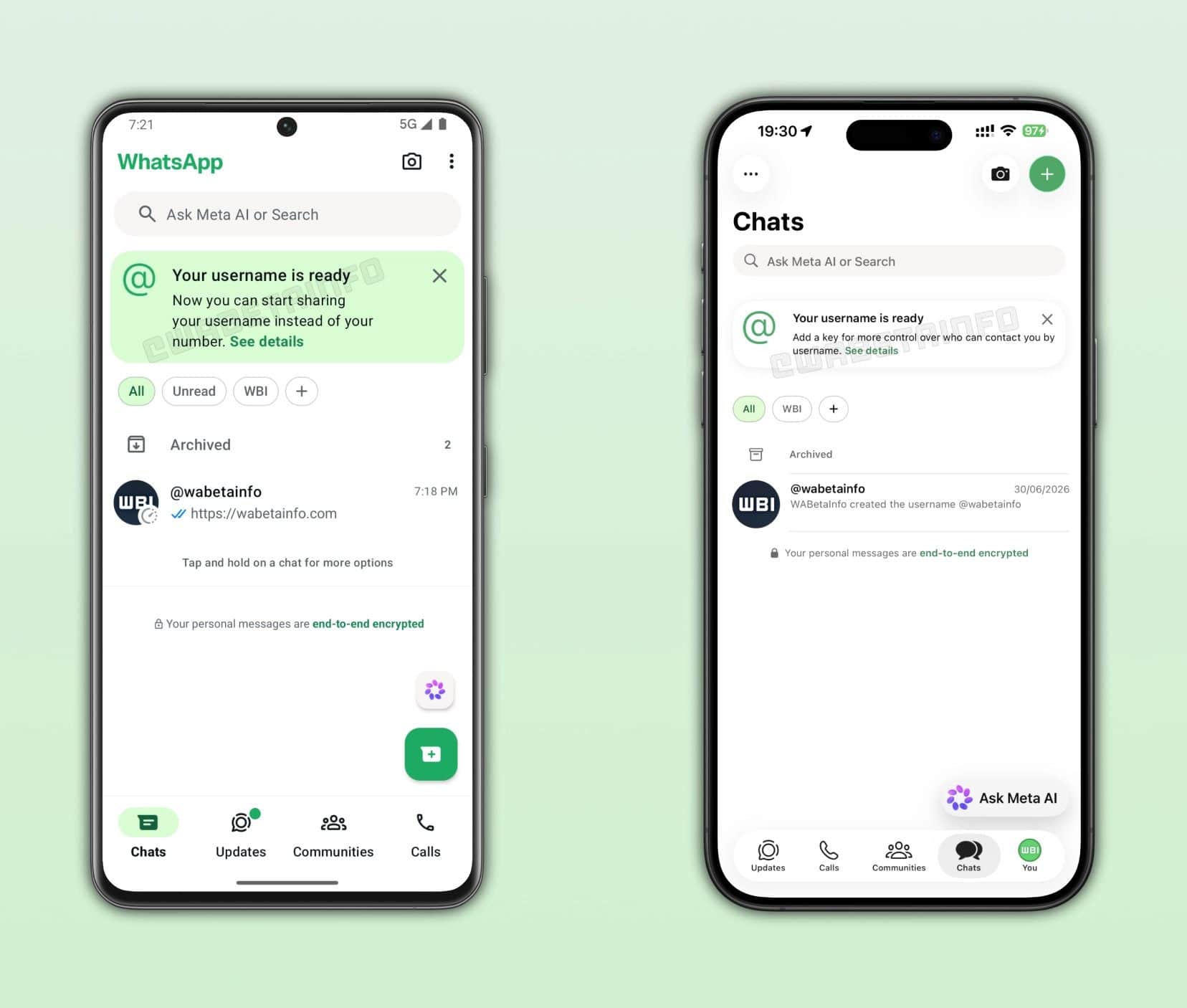 WhatsApp username activation banner, reported by WABetaInfo
