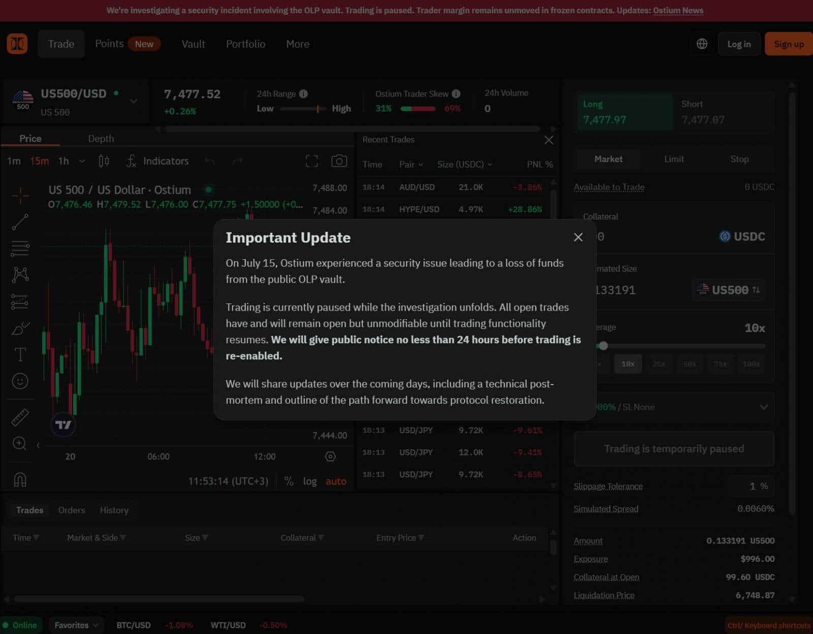 Notice on the Ostium trading page