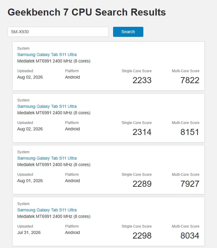 Geekbench 7 CPU results for the 2026 Samsung Galaxy Tab S11 Ultra