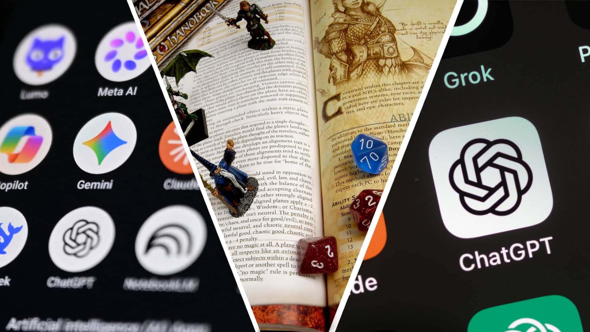 A D&D book and dice, bookended by AI apps
