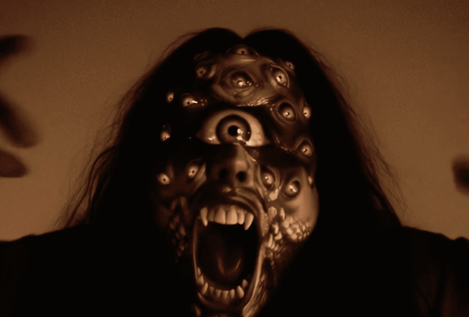 An AI-generated image of a monster with numerous eyeballs all over its face.