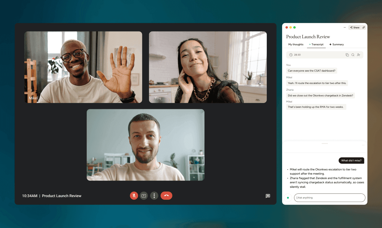 The AI notetaker writes a transcript of the meeting in real time, then generates a summary at the end.