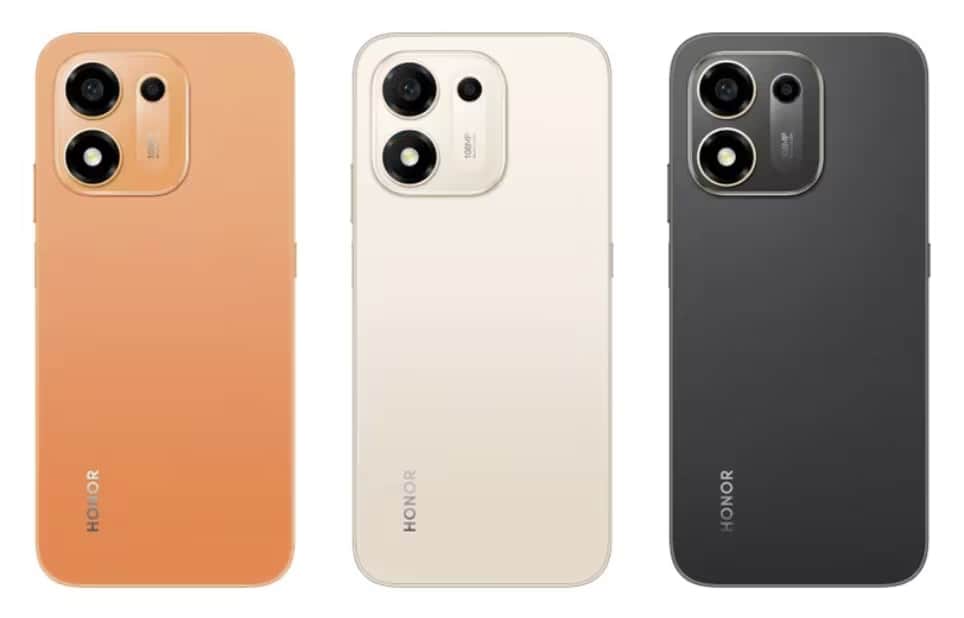 Tres smartphones Honor X7e Plus de distintos colores mostrando sus grandes módulos de cámara