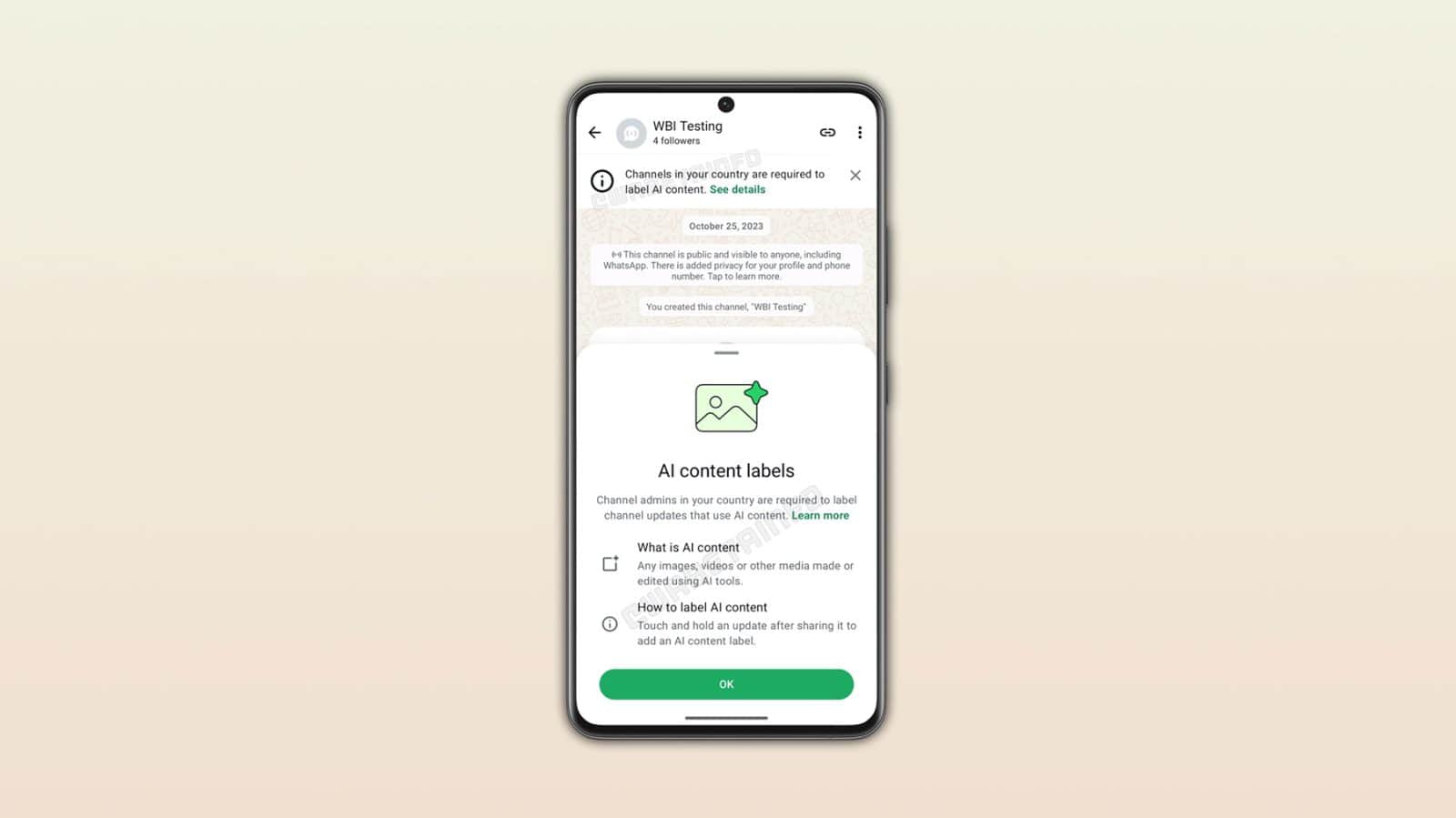WABetaInfo image showing WhatsApp’s AI content label