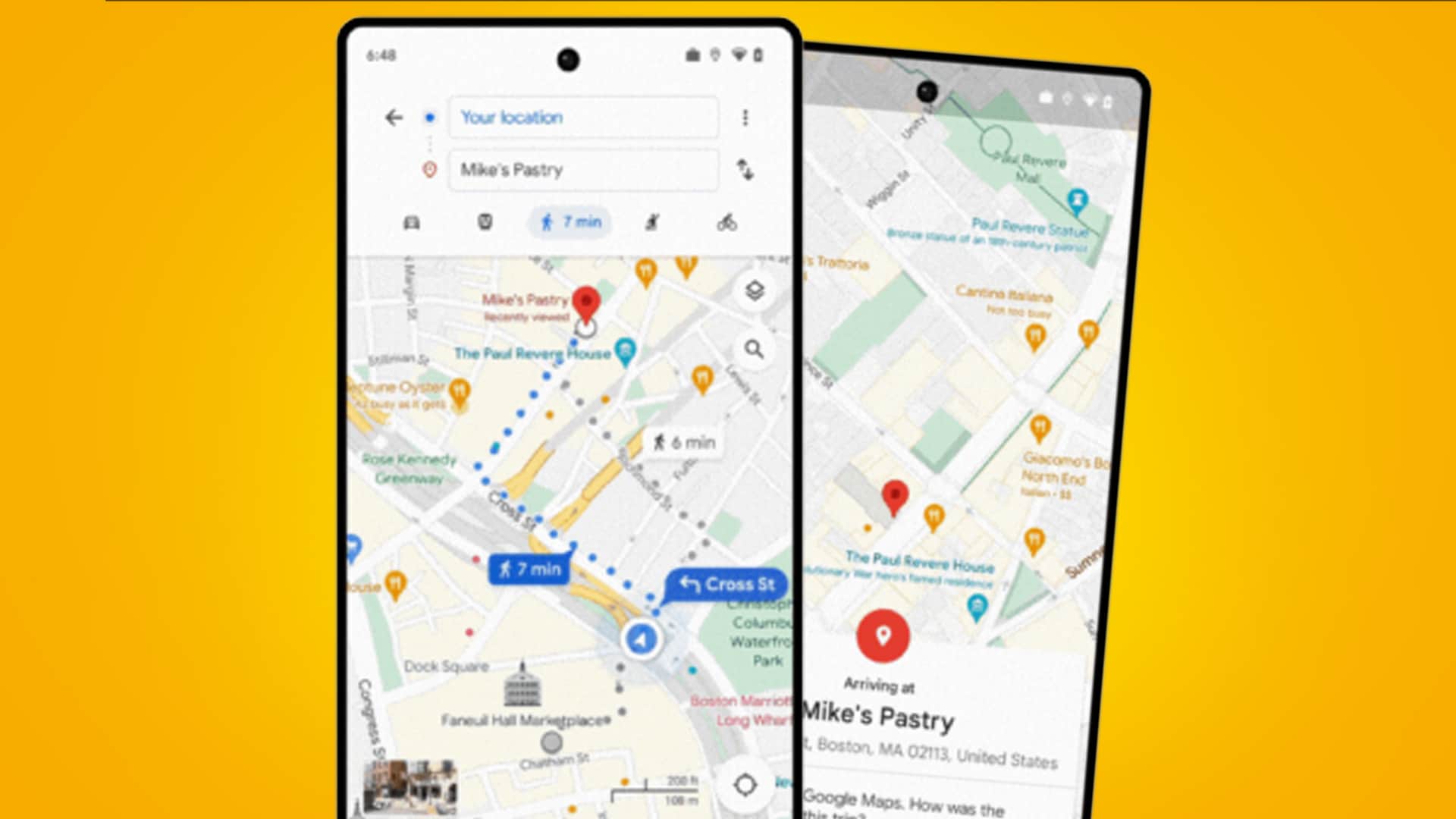 Two phones showing glanceable directions in Google Maps.