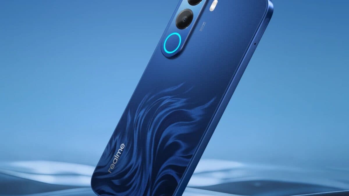 blue Realme C100x smartphone with dual cameras and ring light