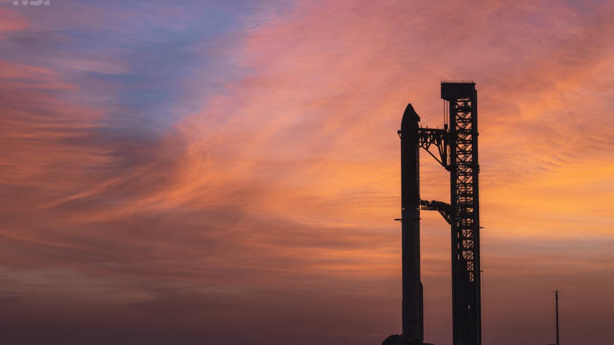 Starship V3 awaits a nighttime launch at Starbase after the previous attempt was canceled
