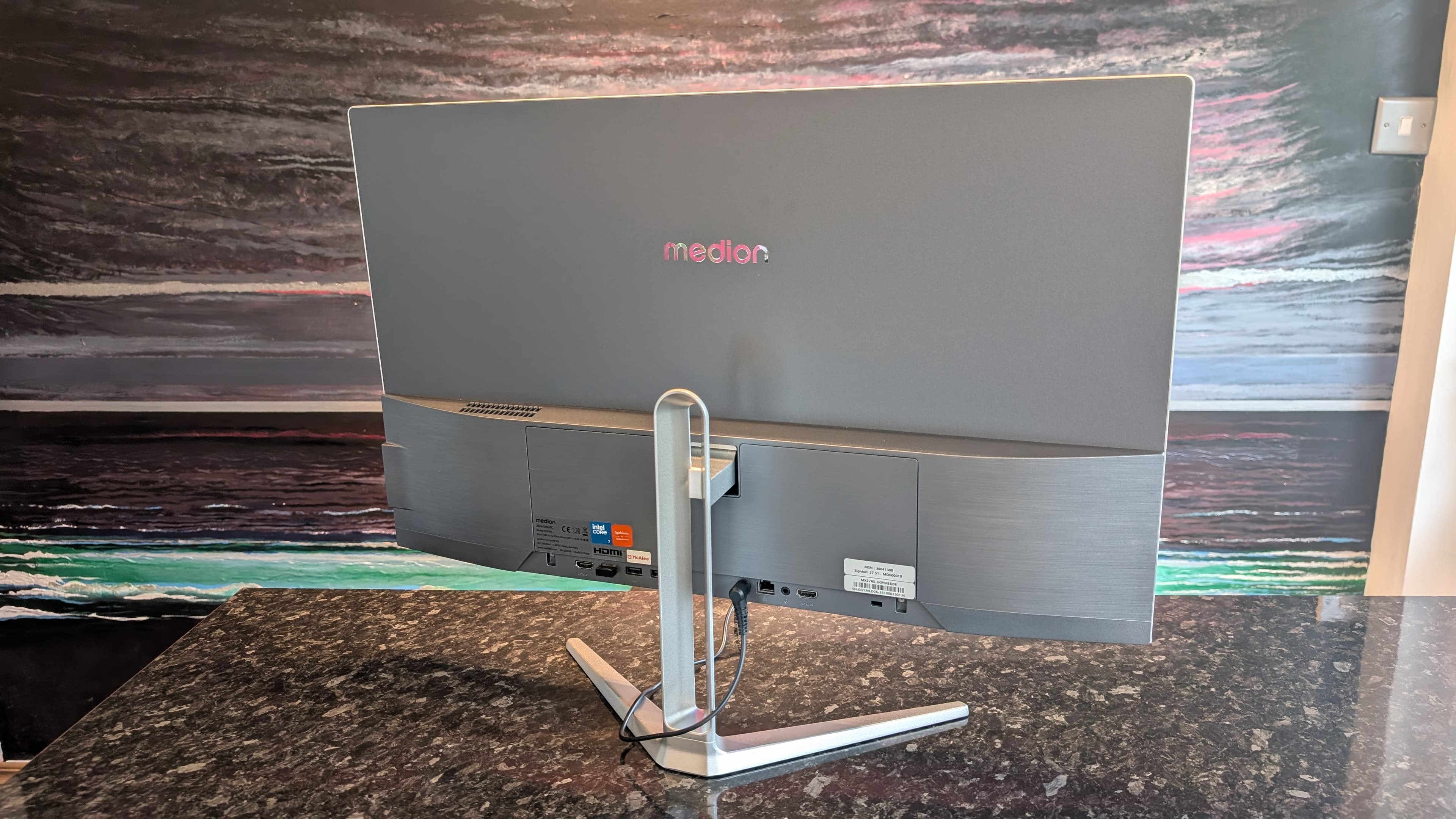 The Medion Signium 27 S1 all-in-one desktop pictured on a marble worksurface.