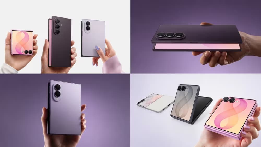 Samsung Galaxy Z Fold 5 and Z Flip 5 smartphones in people’s hands and on a table