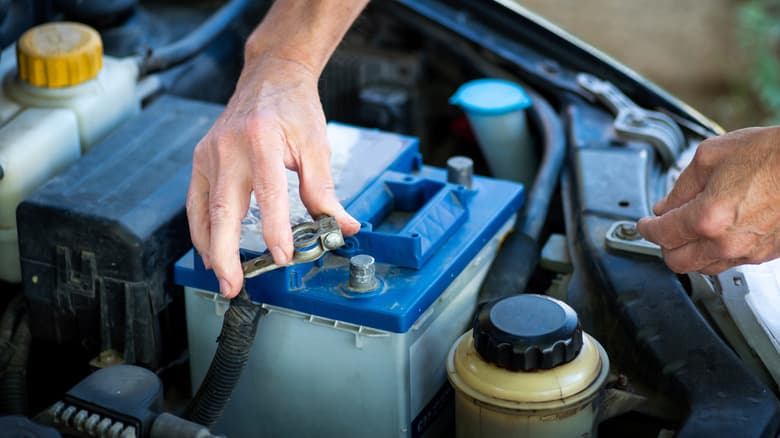 A close-up of a car battery