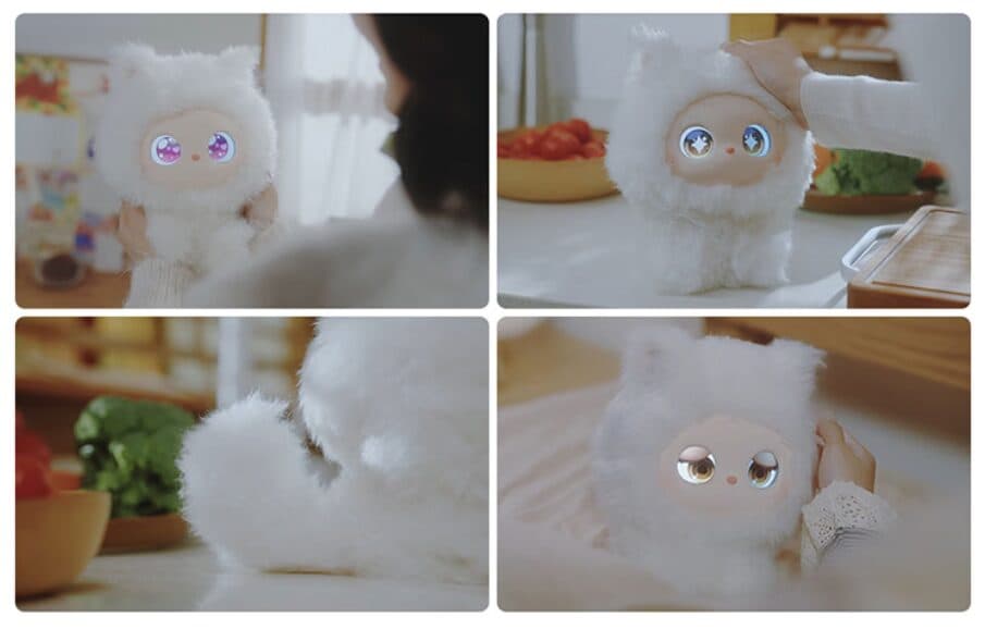 Mascota robótica peluda iMoochi con ojos OLED y pelaje blanco
