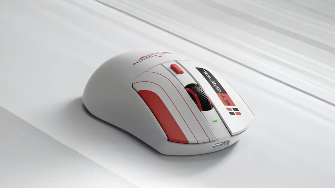 White Dareu AE6 V2 Legend Edition gaming mouse with red accents
