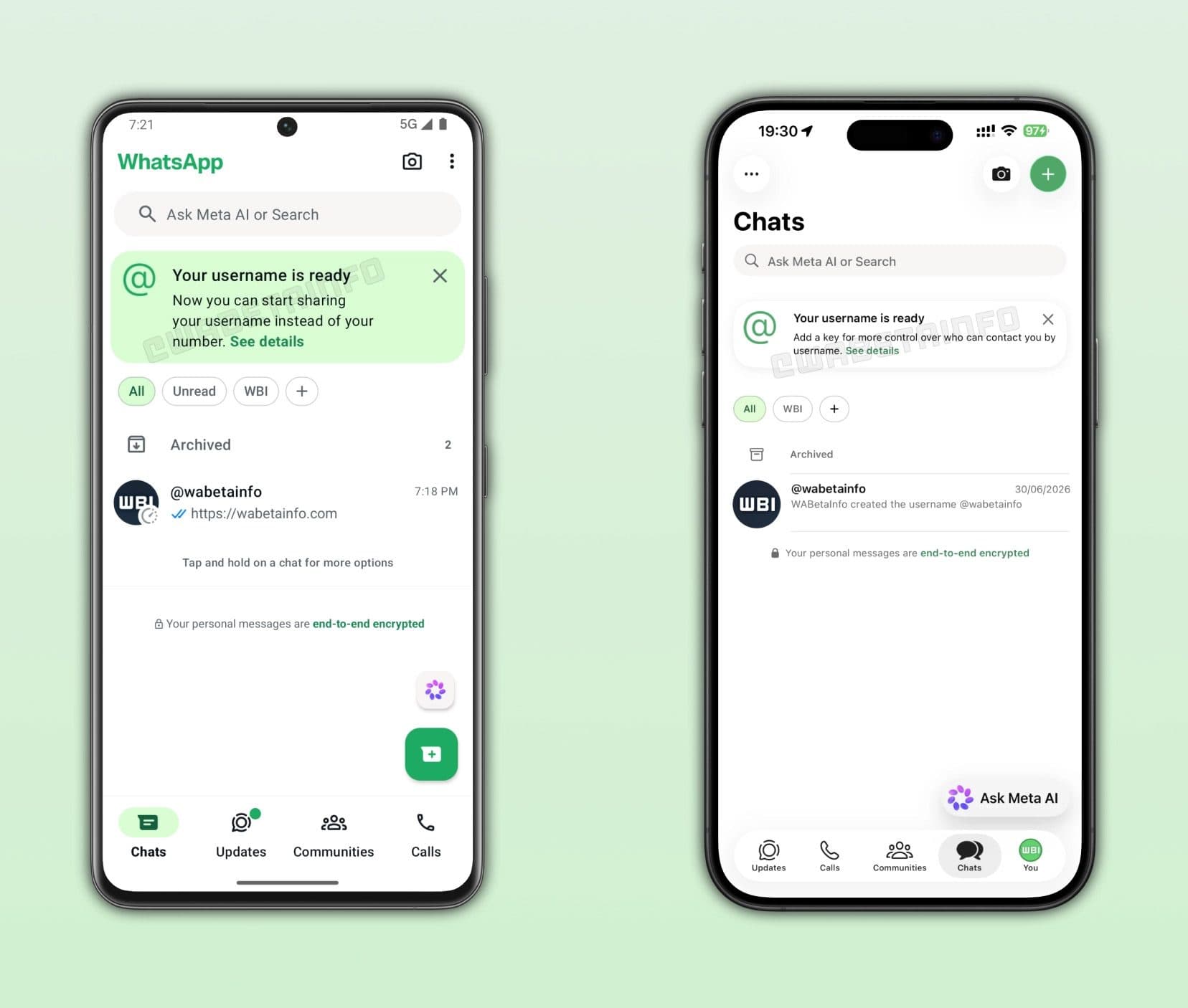 WhatsApp username activation banner, reported by WABetaInfo