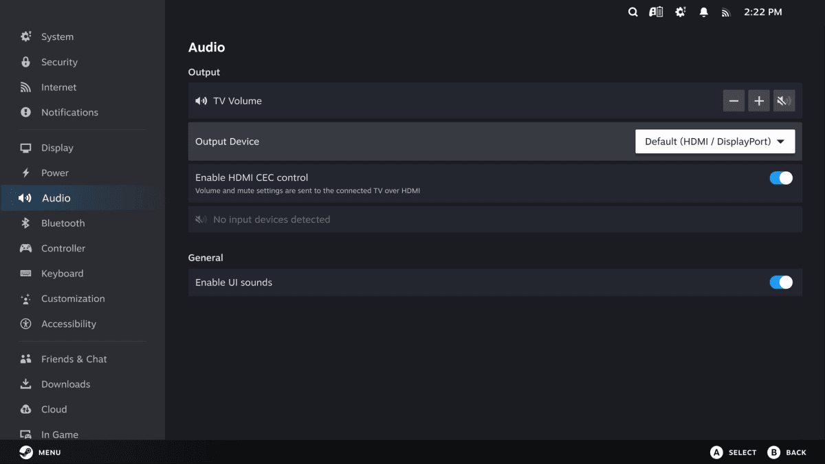 Captura del menú de configuración de sonido de la Steam Machine