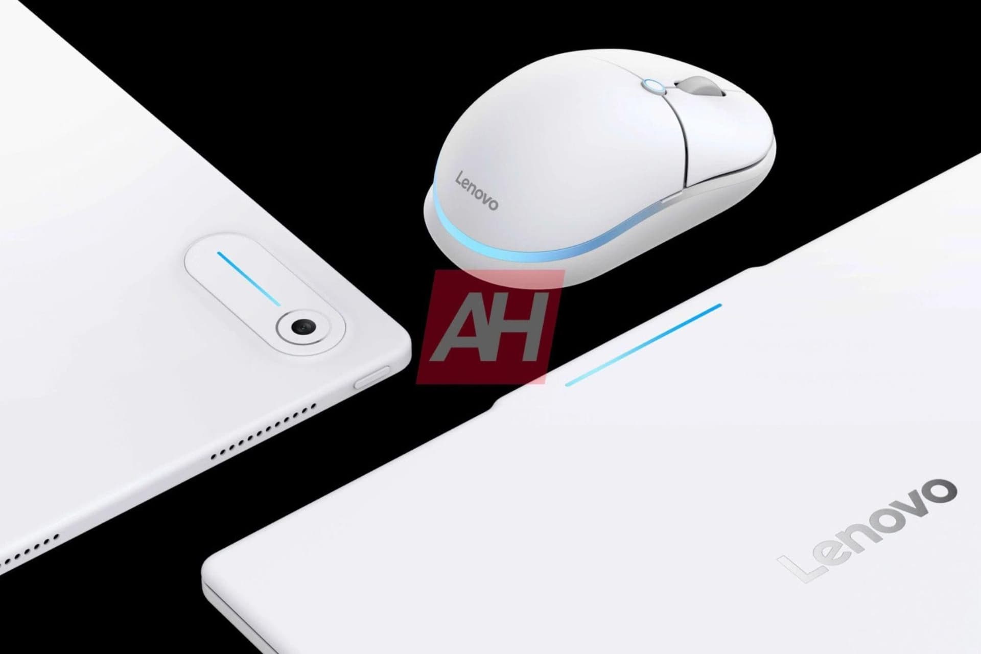 The rear lights on both devices are shown alongside an AI mouse that Lenovo is reportedly developing.