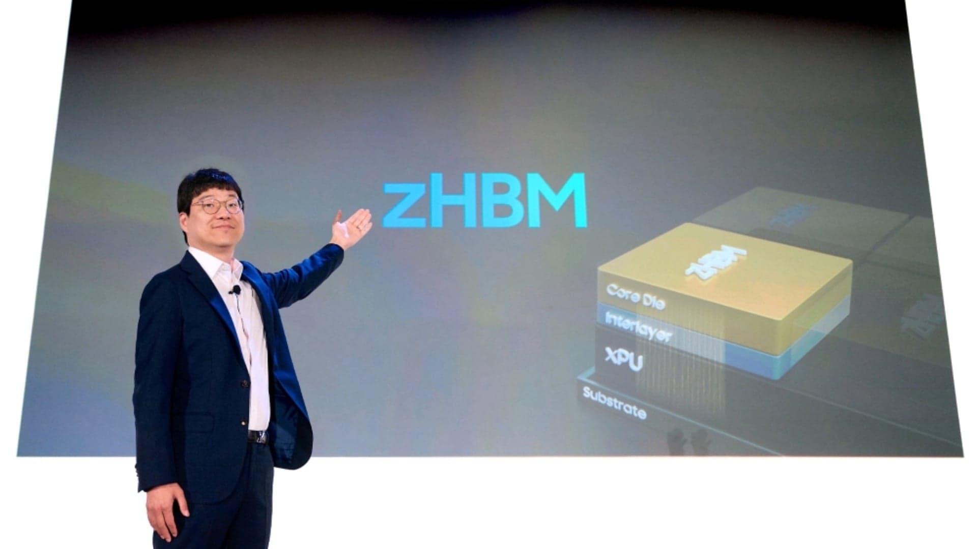 Samsung executive explaining the zHBM chip concept at the Future of Memory and Storage 2026 expo keynote