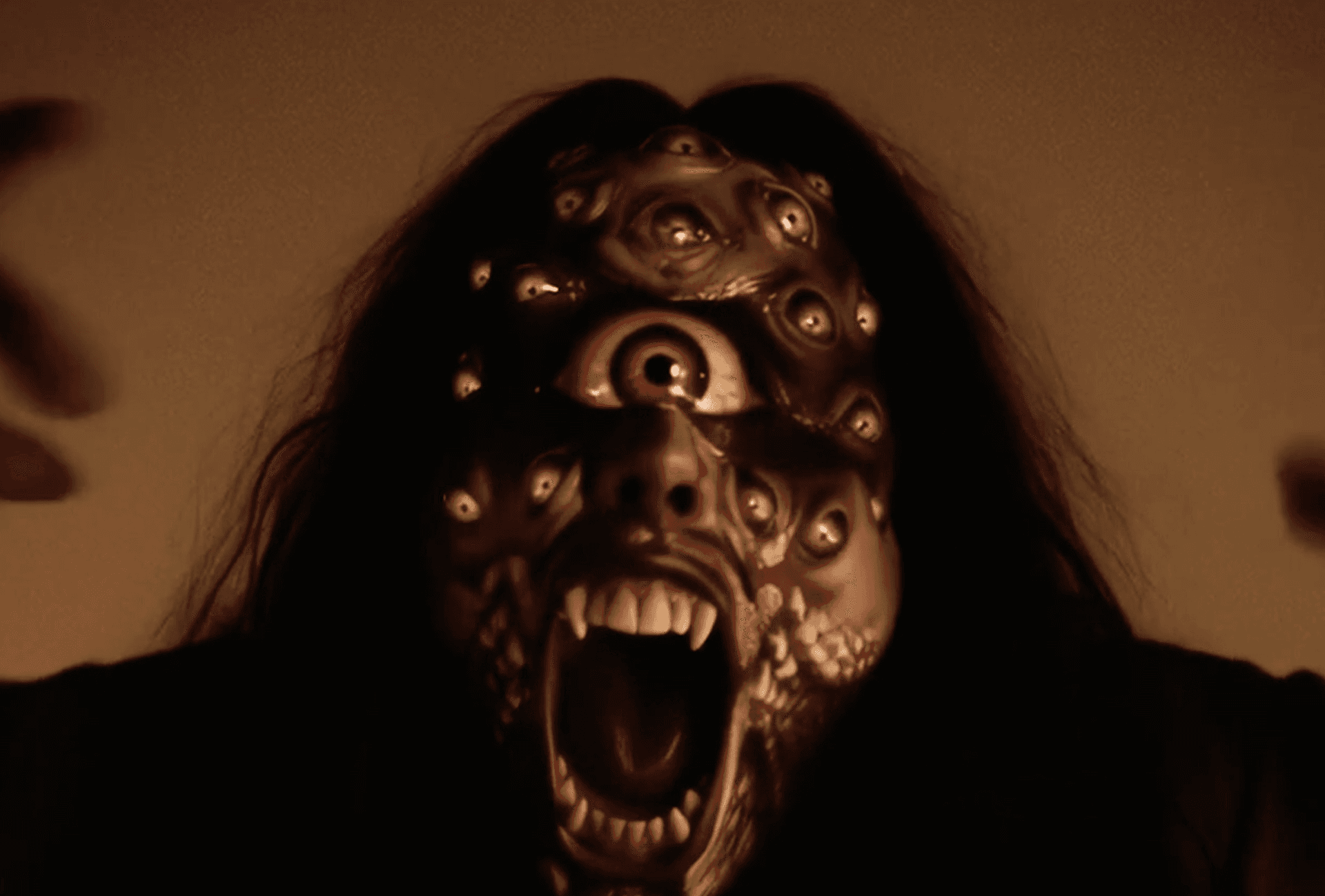 An AI-generated image of a monster with numerous eyeballs all over its face.