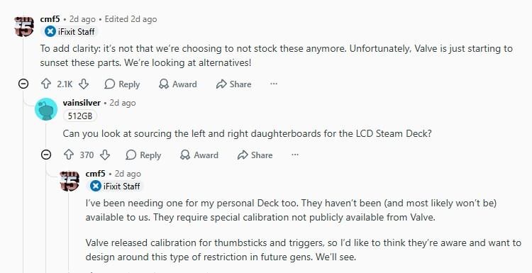 iFixit staffers said the other day that Valve was sunsetting the parts. That’s no longer true of the battery, at least not right now.