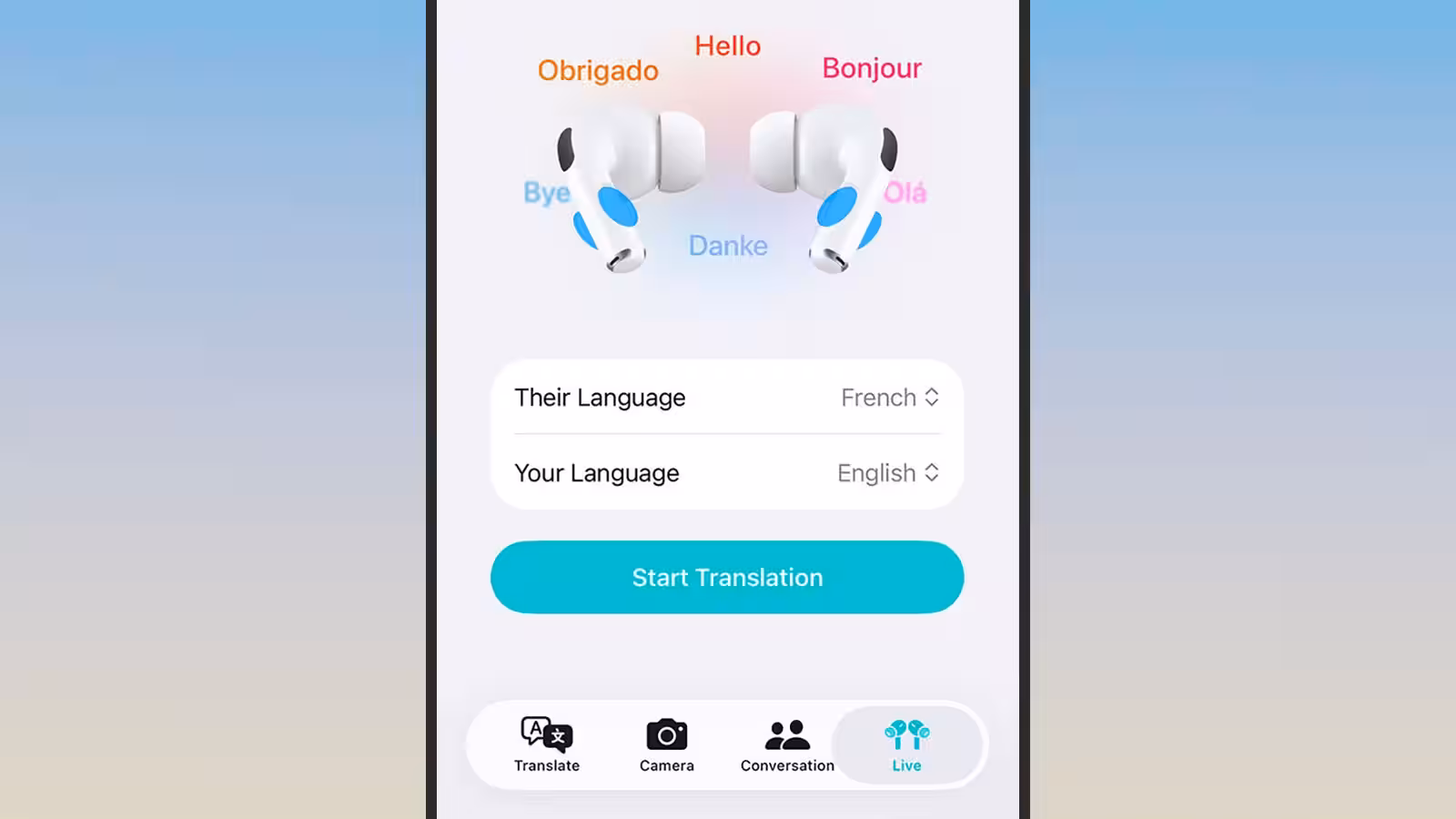 Live Translation interface on iPhone with AirPods