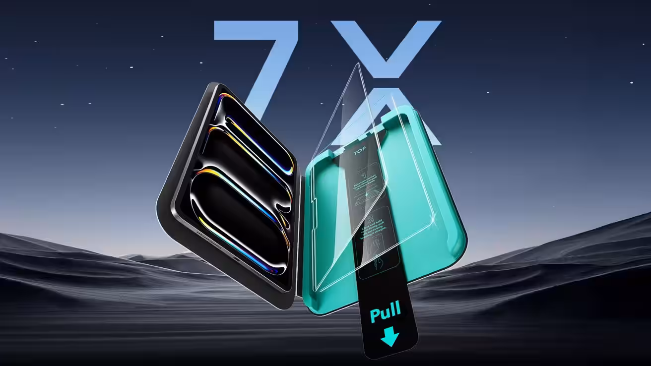 Floating smartphone screen protector kit with plastic guide tray, clear glass panel, and pull tab, set against a dark starry sky and dunes, with large translucent 7X text behind.