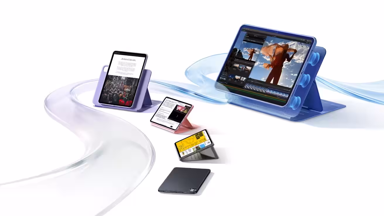 Several colorful tablets and foldable phones on stands display videos, photos, and documents, arranged along a flowing translucent ribbon on a clean white background
