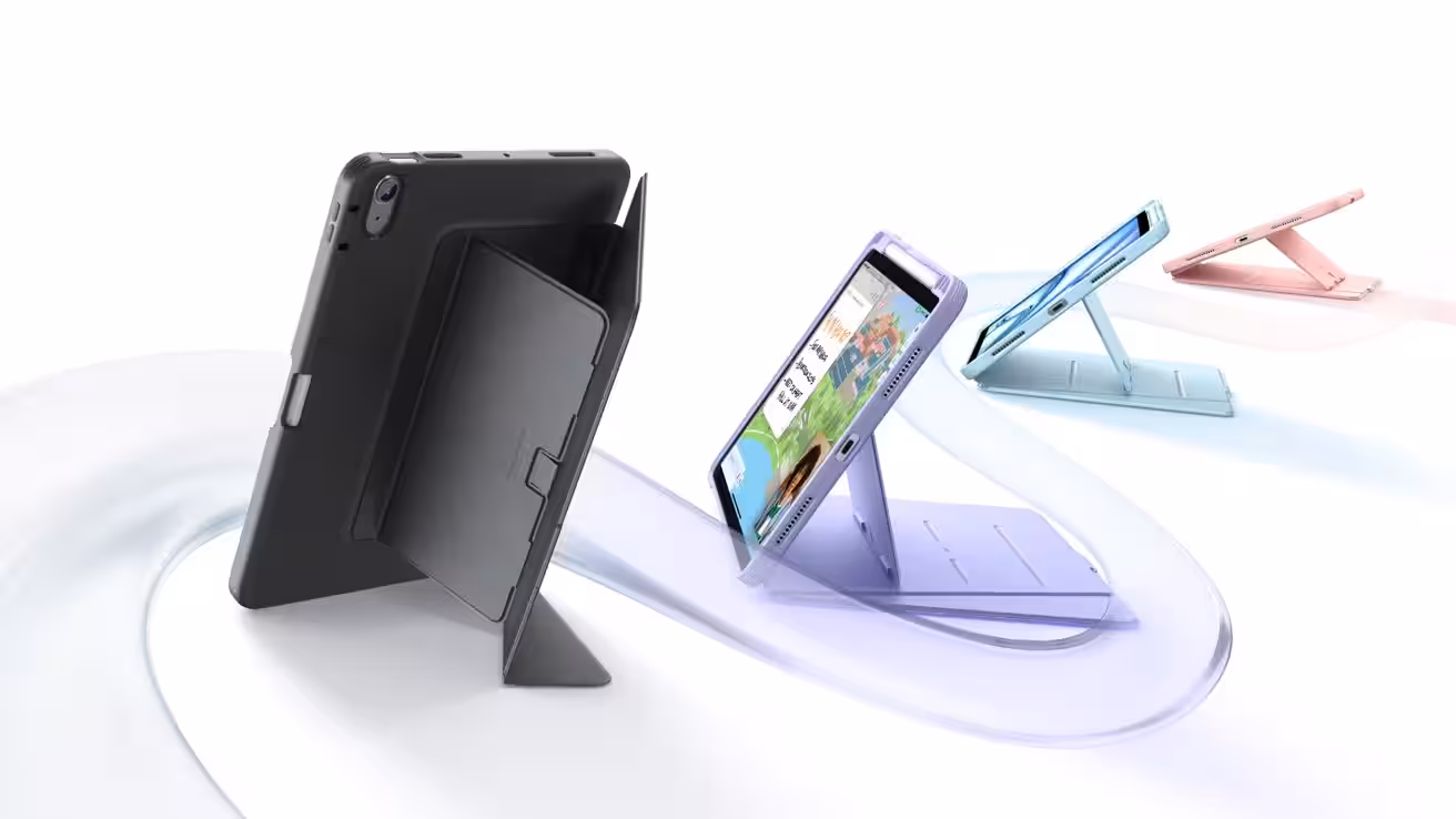 Four tablets in black, purple, blue, and pink stand on foldable kickstands along a flowing pastel ribbon, showcasing adjustable viewing angles on a clean white background