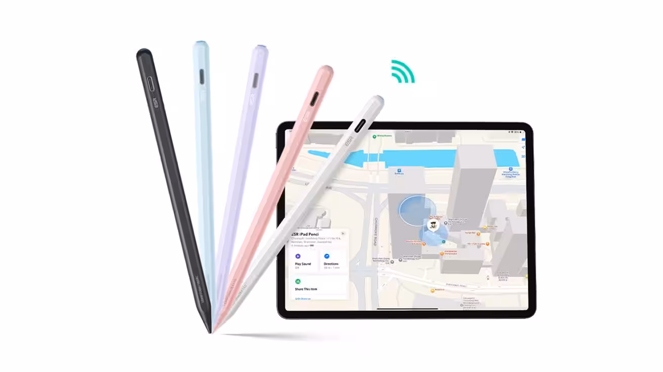 Four colorful digital stylus pens floating next to a tablet showing a city map, suggesting wireless connection and stylus tracking or location features