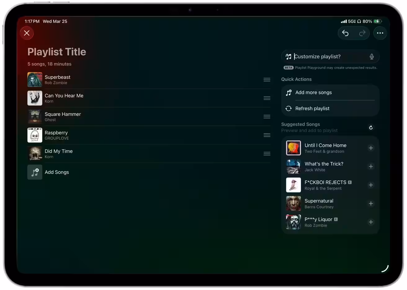 Tablet screen showing a dark-themed music app with a playlist titled Playlist Title, song list on the left, and suggested songs with album art and quick action buttons on the right