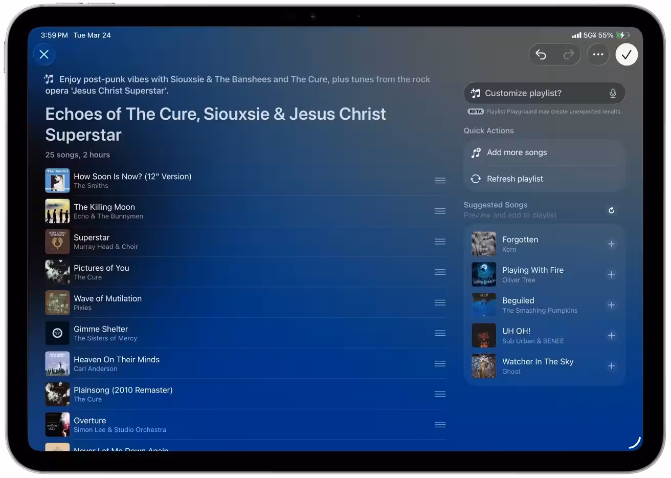 Tablet screen showing a blue-themed music playlist titled Echoes of The Cure, Siouxsie & Jesus Christ Superstar, with track list on the left and queue or playback options on the right