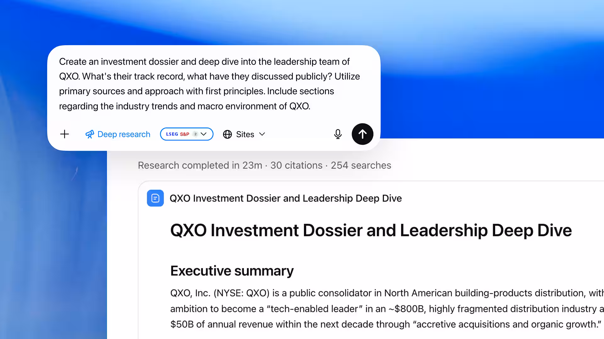 Chat interface prompting deep research to create an investment dossier on QXO using sources like LSEG and S&P. Below, a generated report titled