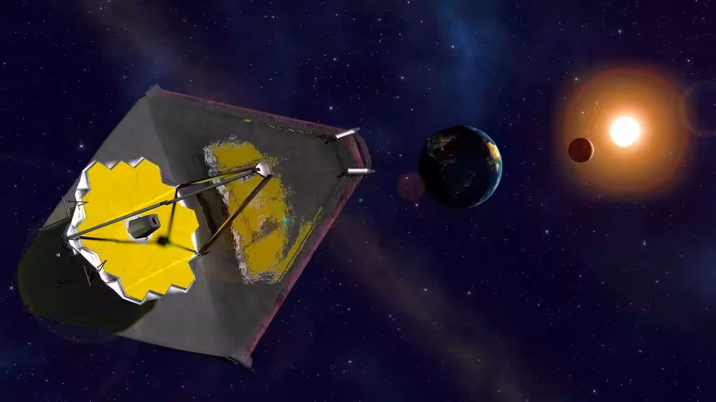 An illustration of the James Webb Space Telescope conducting science in space.