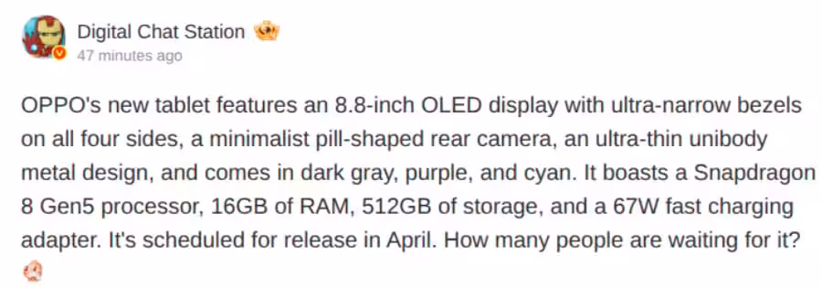 Oppo Pad Mini Specs Leak