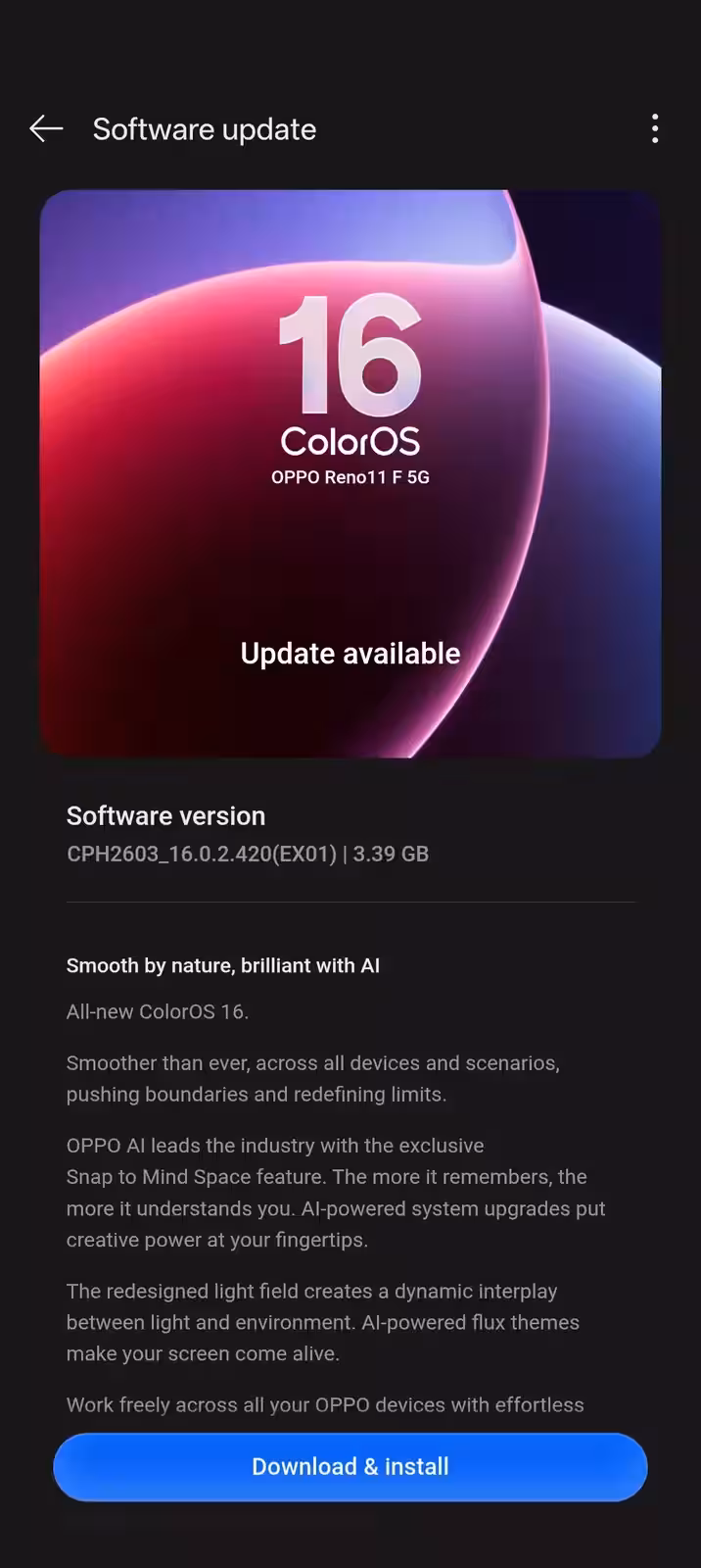 ColorOS 16 update screen on Oppo Reno 11 FS