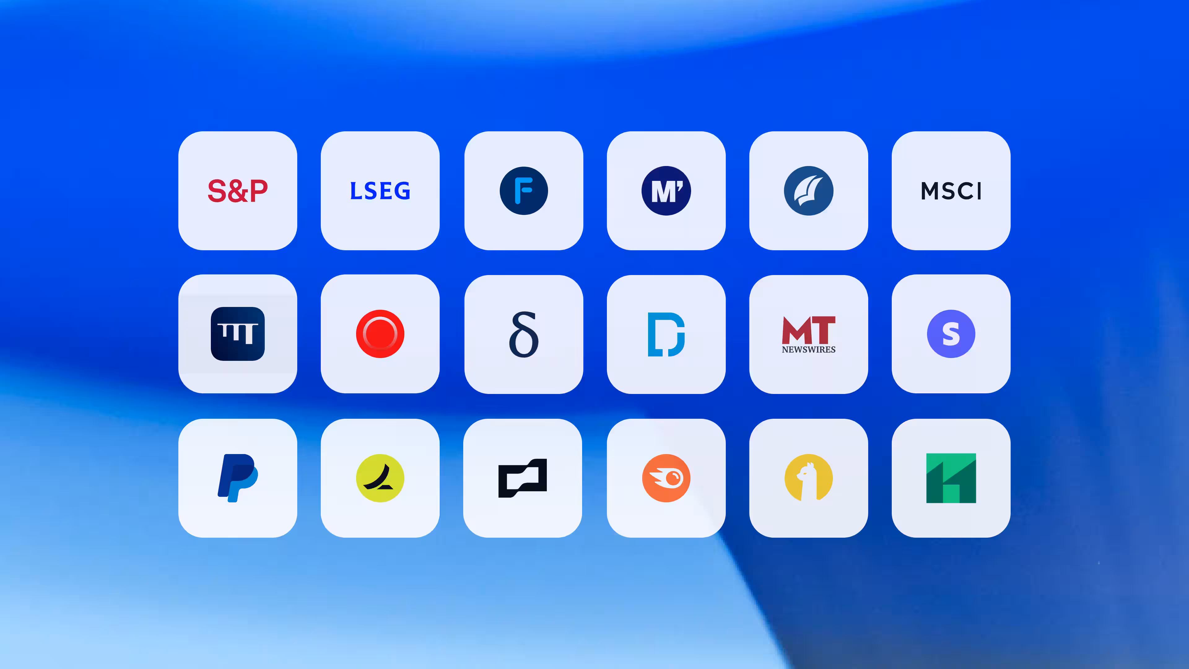 Grid of connector icons representing financial and data providers such as S&P, LSEG, FactSet, Moody's, MSCI, PayPal, and others, displayed on rounded tiles against a blue gradient background.