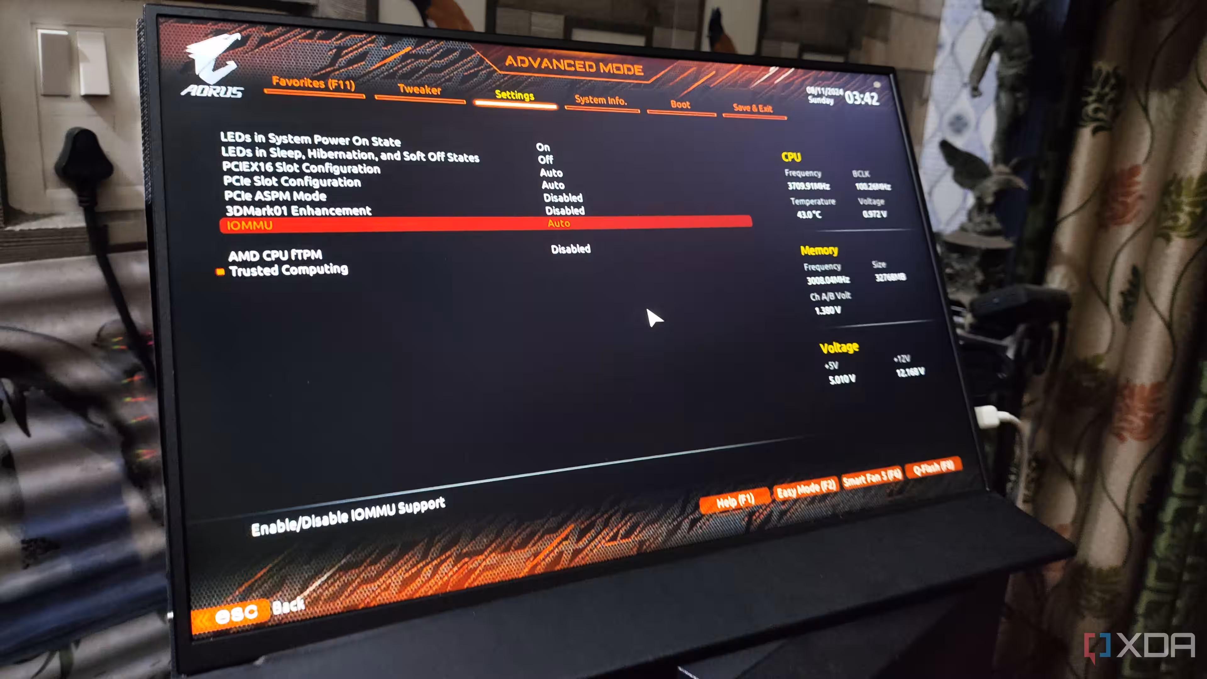 The Gigabyte BIOS displaying the IOMMU setting