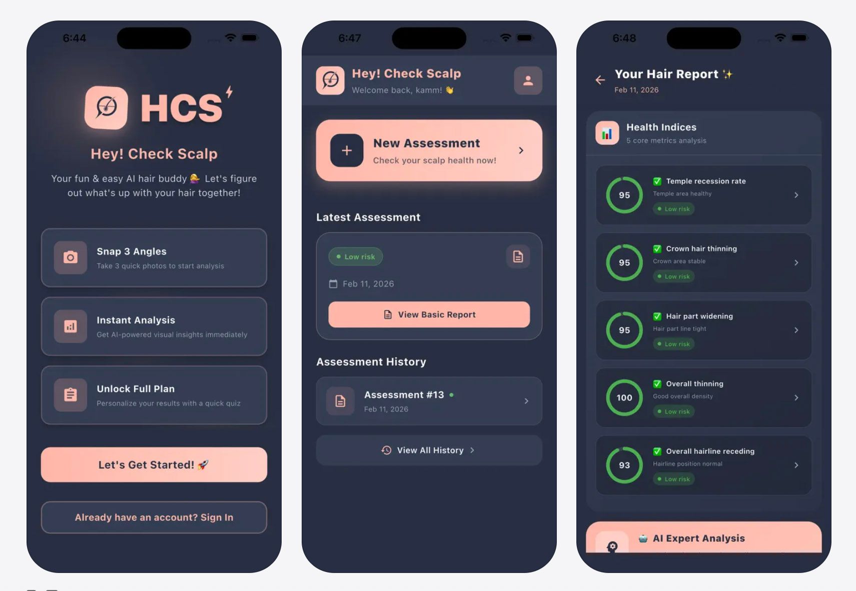 three screens of HeyCheckScalp app