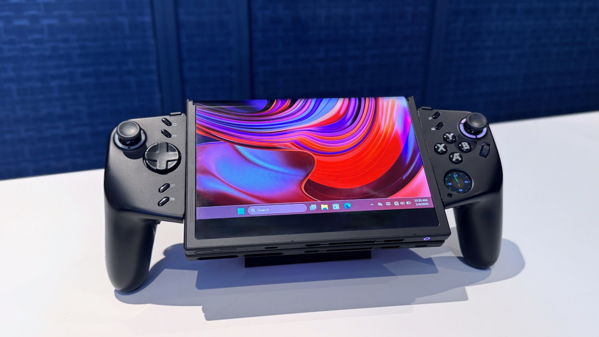 lenovo legion go fold handheld gaming console on display