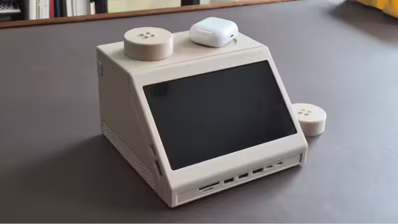 Side view of LEGO Mac mini terminal with integrated smart features