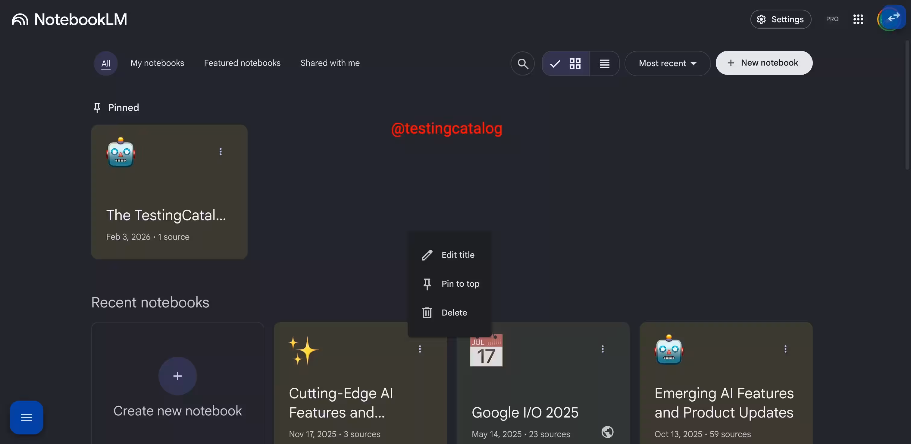 NotebookLM search button and pinning feature