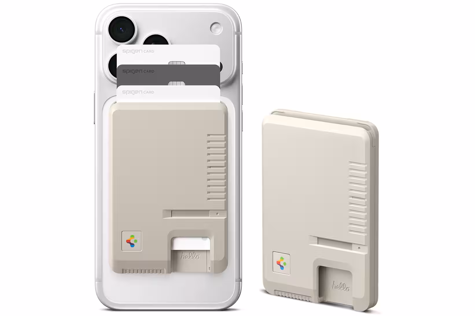 The Spigen Classic LS MagSafe wallet on its own and stuck to the back of an iPhone.