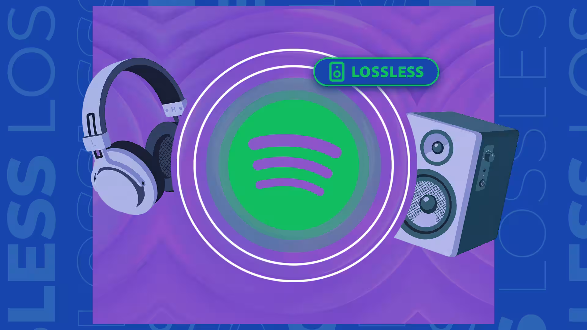 Spotify logo between headphones and a speaker, featuring a green 'LOSSLESS' badge