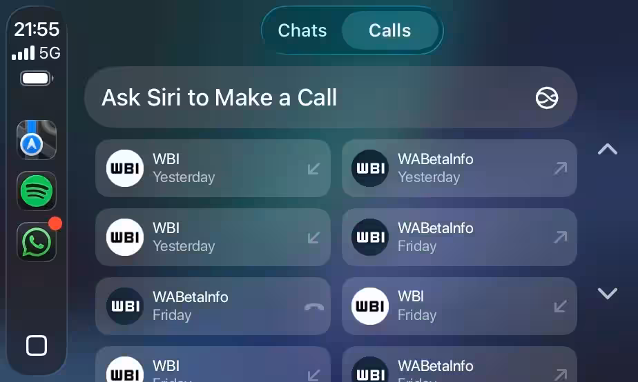 WhatsApp CarPlay call history
